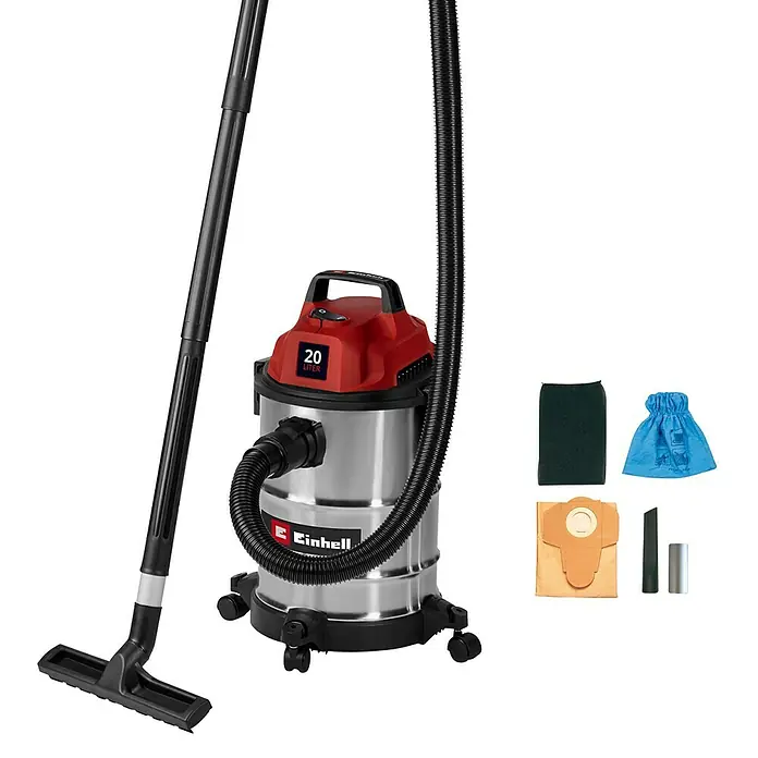Einhell Nass-Trockensauger TC-VC 2045 S - 900 W, 20 l - Rot-silberner Einhell 20-Liter Nass-/Trockensauger mit Schlauch, Bodendüse und diversem Filter- und Reinigungszubehör.