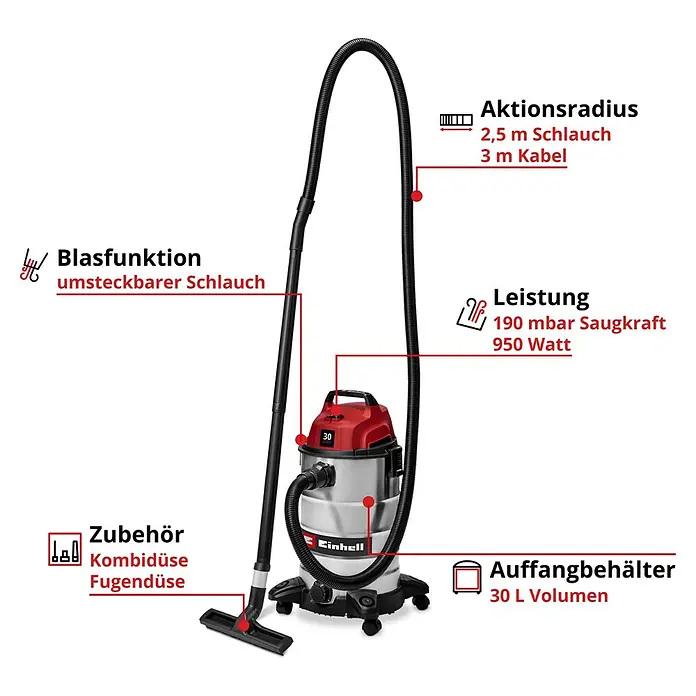 Einhell Nass-Trockensauger TC-VC 3055 S - 950 W, 30 l - Rot-silberner Einhell Nass-Trockensauger mit schwarzem Schlauch und 30 Liter Behälter.