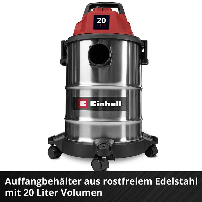 Einhell Nass-Trockensauger TC-VC 2045 S - 900 W, 20 l - Einhell 20-Liter Nass-Trocken-Sauger aus Edelstahl mit rotem Oberteil und schwarzem Rollenfuß.