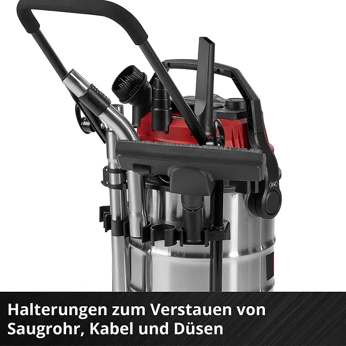 Einhell Elektro-Nass- & Trockensauger TE-VC 3080 SACL - 1.150 W, Behältervolumen: 30 l, Halbautomatisch - Halterungen zum Verstauen von Saugrohr, Kabel und Düsen.