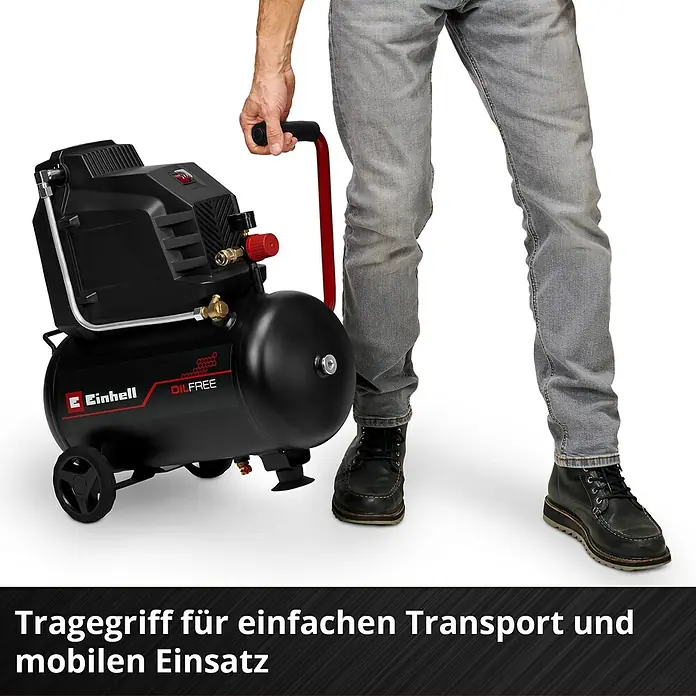Einhell Kompressor TC-AC 190/24/8 - Max. Druck: 8 bar, 24 l, Schmierung: Ölgeschmiert - Schwarzer Luftkompressor mit Rädern und rotem Griff, von einer Person gezogen, für einfachen Transport und mobilen Einsatz.