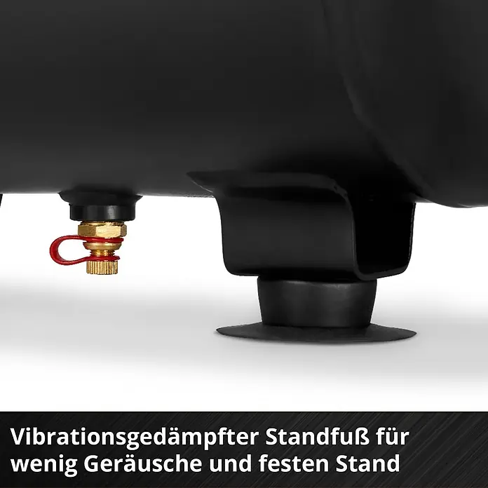 Einhell Kompressor TC-AC 190/24/8 - Max. Druck: 8 bar, 24 l, Schmierung: Ölgeschmiert - Vibrationsgedämpfter Standfuß und Messing-Ablassventil an schwarzem Tank für Stabilität und Geräuschreduktion.