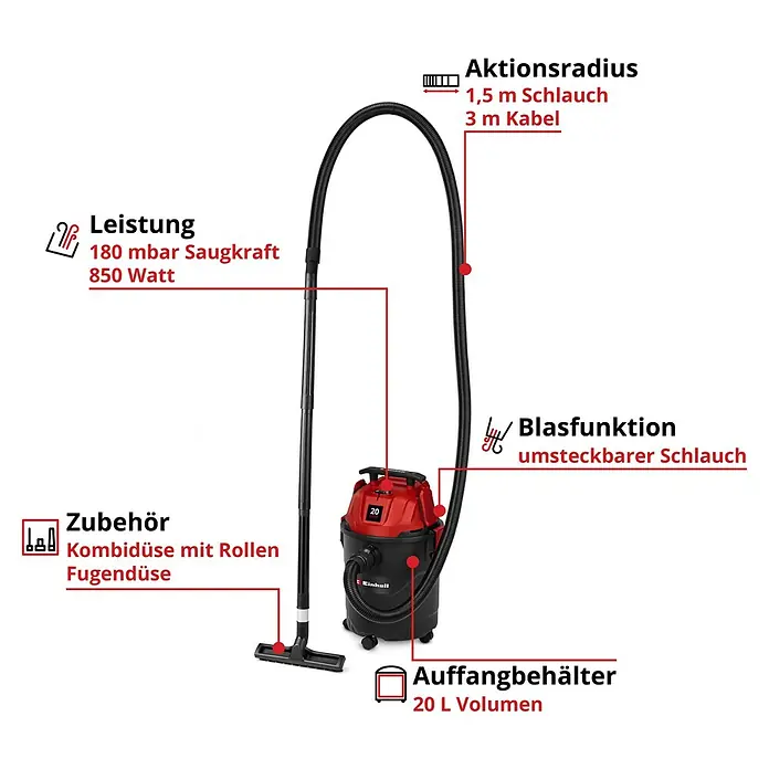 Einhell Nass-Trockensauger TC-VC 2045 - 850 W, 20 l - Roter und schwarzer Nass-Trockensauger mit Schlauch, Bodendüse und 20-Liter-Auffangbehälter.