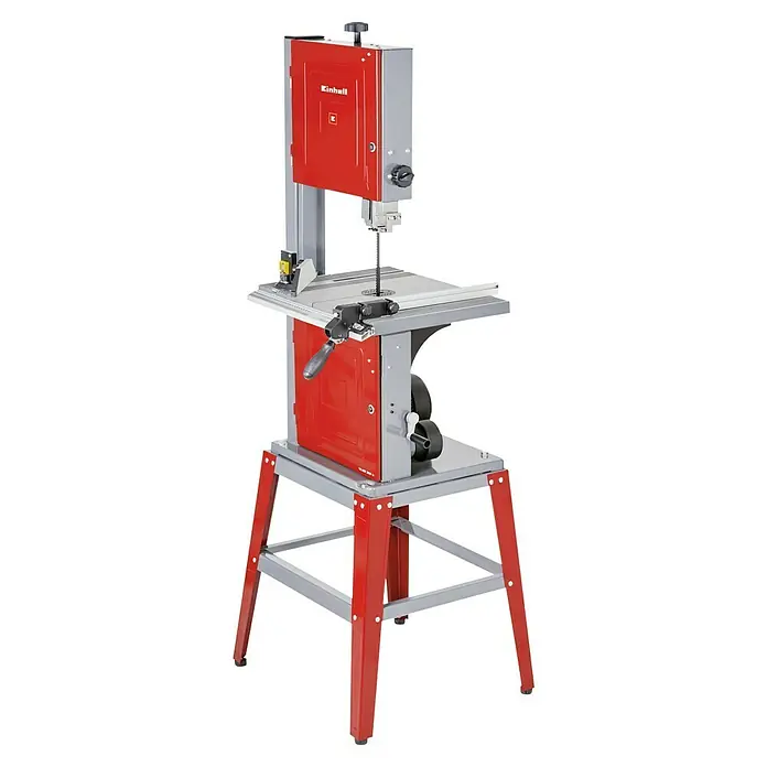 Einhell Bandsäge TC-SB 305 U - 750 W, Leerlaufdrehzahl: 1.400 U/min, Sägebandlänge: 2.320 mm - Rote und graue Bandsäge auf einem Ständer, mit Arbeitstisch und vertikalem Sägeblatt zum Schneiden.