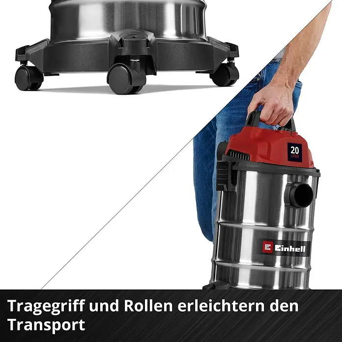 Einhell Nass-Trockensauger TC-VC 2045 S - 900 W, 20 l - Nass-/Trockensauger aus Edelstahl mit rotem Aufsatz, schwarzem Griff und Rollen, getragen für einfachen Transport.