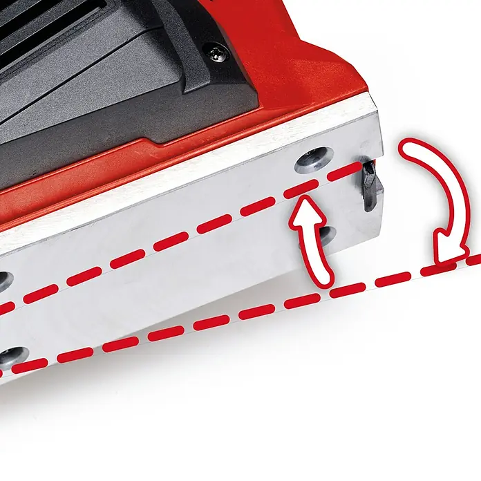 Einhell Elektrohobel TE-PL 920 - 920 W - Metallische Grundplatte eines rot-schwarzen Elektrowerkzeugs mit roten gestrichelten Linien und Pfeilen zur Tiefeneinstellung.