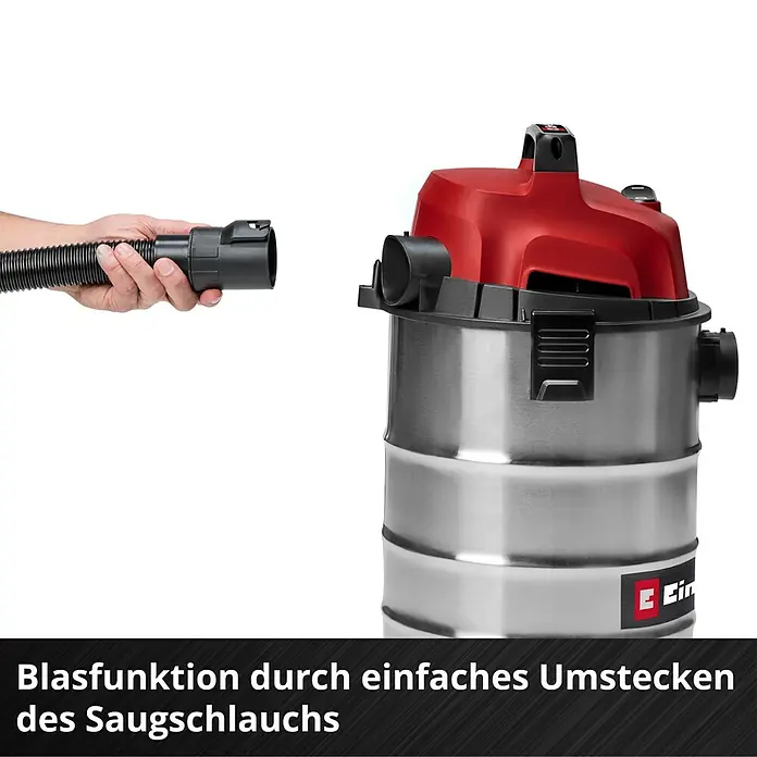 Einhell Nass-Trockensauger TC-VC 3055 S - 950 W, 30 l - Rot-silberner Nass-Trocken-Sauger, dessen Schlauch zur Blasfunktion angesteckt wird.