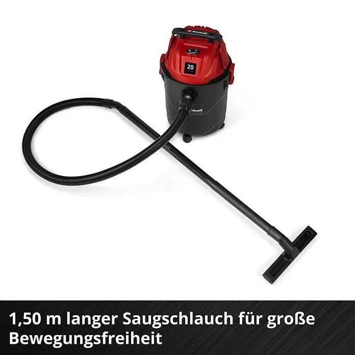 Einhell Nass-Trockensauger TC-VC 2045 - 850 W, 20 l - Roter und schwarzer Nass-/Trockensauger mit 1,50 m langem, schwarzem Saugschlauch und Bodendüse für große Bewegungsfreiheit.