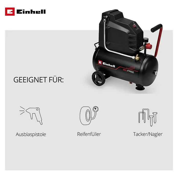 Einhell Kompressor TC-AC 190/24/8 - Max. Druck: 8 bar, 24 l, Schmierung: Ölgeschmiert - Schwarzer Einhell ölfreier Kompressor mit Rädern und rotem Griff, geeignet für Ausblaspistolen, Reifenfüller und Tacker/Nagler.