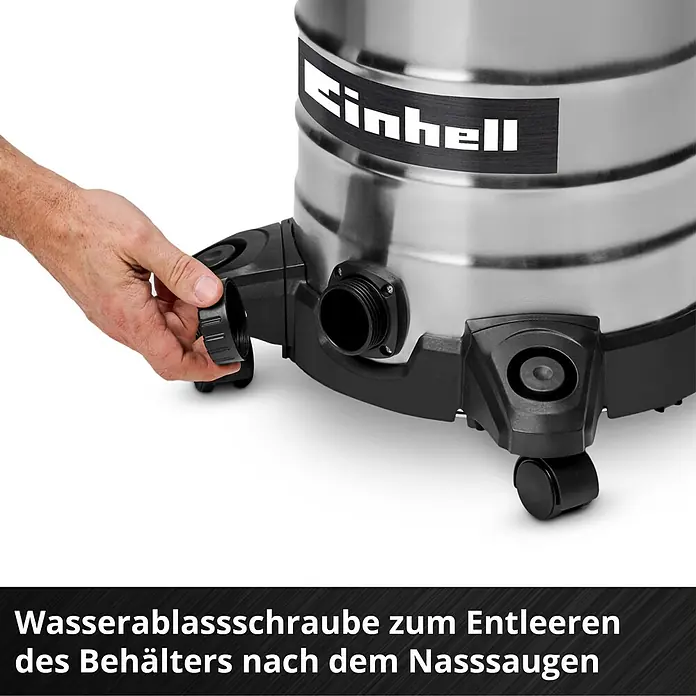 Einhell Nass-Trockensauger TC-VC 3055 S - 950 W, 30 l - Hand schraubt Wasserablassschraube an Edelstahl-Nasssauger zum Entleeren des Behälters ab.