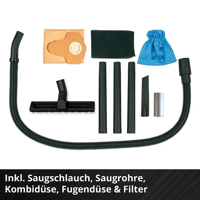 Einhell Nass-Trockensauger TC-VC 2045 S - 900 W, 20 l - Set aus schwarzem Staubsaugerzubehör mit Schlauch, Saugrohren, Düsen und verschiedenen Filtern.