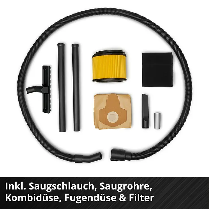 Einhell Nass-Trockensauger TC-VC 3055 S - 950 W, 30 l - Schwarzes Staubsauger-Zubehörset: Schlauch, Saugrohre, Kombi- und Fugendüse, gelbe und schwarze Filter, braune Staubbeutel.