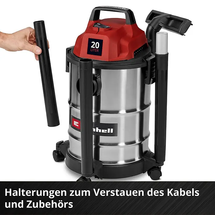Einhell Nass-Trockensauger TC-VC 2045 S - 900 W, 20 l - Roter und silberner 20L Nass-Trocken-Sauger mit integrierter Zubehöraufbewahrung. Eine Hand zeigt das Einsetzen eines schwarzen Rohrs.