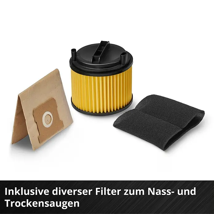 Einhell Nass-Trockensauger TC-VC 2045 - 850 W, 20 l - Drei Staubsaugerfilter: ein brauner Papierstaubbeutel, ein gelber Faltenfilter und ein schwarzer Schaumstofffilter für Nass- und Trockensaugen.