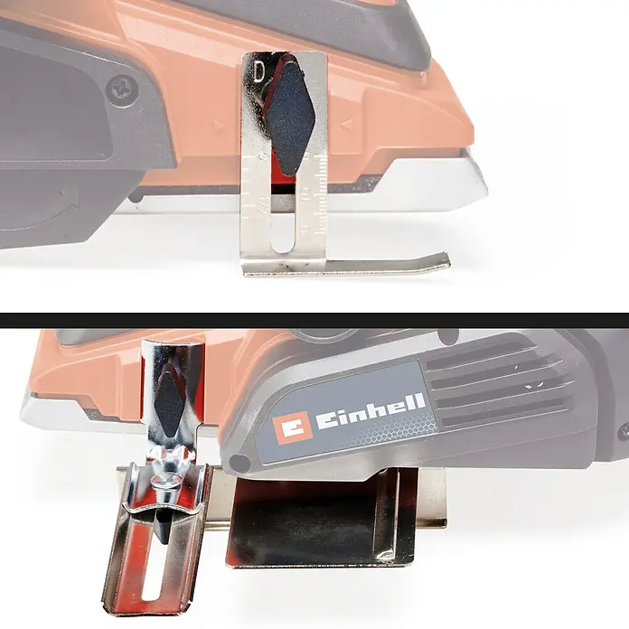 Einhell Elektrohobel TE-PL 920 - 920 W - Verstellbarer Tiefenanschlag und Parallelführung aus silbernem Metall mit schwarzem Knauf und Skala, an einem orangefarbenen Elektrowerkzeug befestigt.