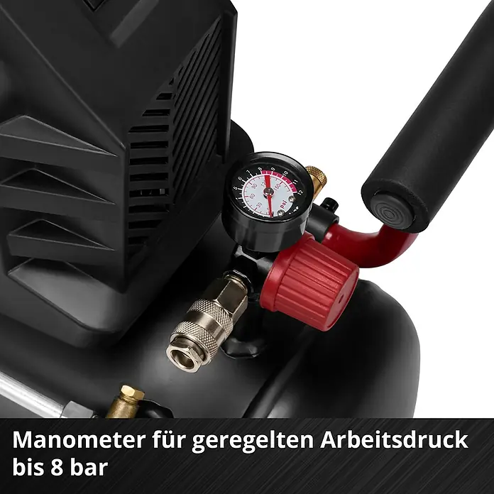 Einhell Kompressor TC-AC 190/24/8 - Max. Druck: 8 bar, 24 l, Schmierung: Ölgeschmiert - Schwarzer Kompressor mit Manometer und rotem Druckregler für einen geregelten Arbeitsdruck bis 8 bar.