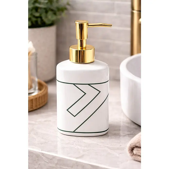MSV Monolithic Dispensador de jabón - L x An x Al: 65 x 65 x 118 cm, Cerámica, Blanco/Verde/Dorado - Dispensador de jabón blanco con bomba dorada y diseño geométrico verde oscuro.