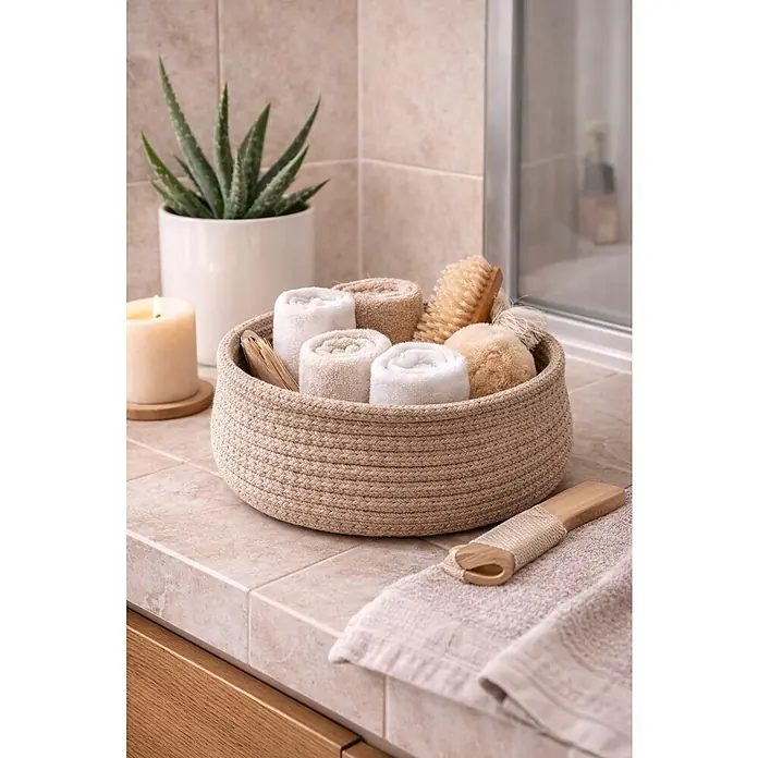 Spirella Cesta redonda Tobago M - Ø x Al: 21 x 9 cm, Algodón, Cuerda - Una cesta redonda de yute trenzado llena de toallas enrolladas de color natural y cepillos de baño de madera en una encimera de baño.