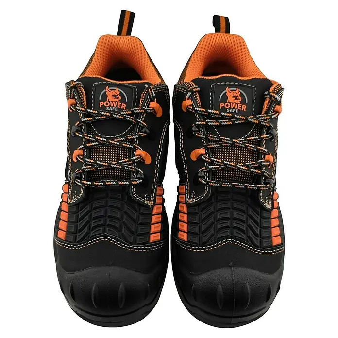 Sicherheitshalbschuh Lennox S3 - Schuhgröße: 43, Farbe: Schwarz/Orange - Zwei schwarze und orange Sicherheitsschuhe mit robusten Sohlen und Schutzkappen, mit bunten Schnürsenkeln und orangefarbenen Akzenten.
