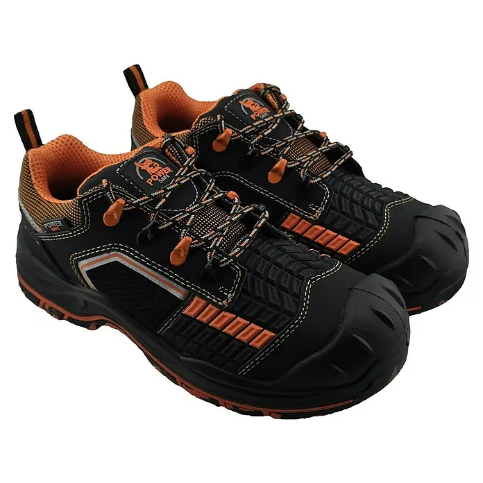 Sicherheitshalbschuh Lennox S3 - Schuhgröße: 43, Farbe: Schwarz/Orange - Ein Paar schwarze und orangefarbene Arbeitssicherheitsschuhe mit Schutzkappen und profilierten Sohlen.