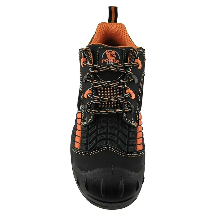 Sicherheitshalbschuh Lennox S3 - Schuhgröße: 43, Farbe: Schwarz/Orange - Vorderansicht eines schwarzen und orangefarbenen Power Safe Sicherheitsschuhs mit robuster Sohle und Schnürung.