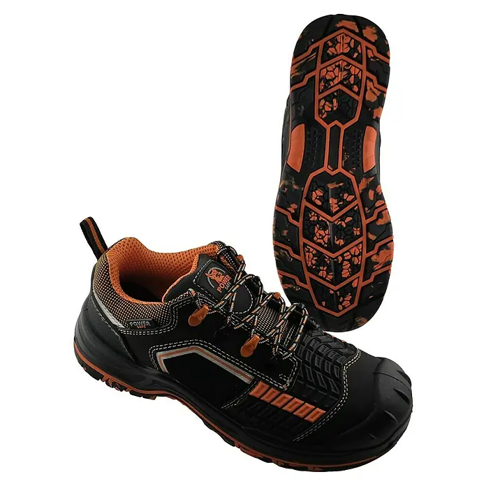 Sicherheitshalbschuh Lennox S3 - Schuhgröße: 43, Farbe: Schwarz/Orange - Schwarz-orange Sicherheitsschuhe mit robustem Design, texturierten Sohlen und orangefarbenen Akzenten.