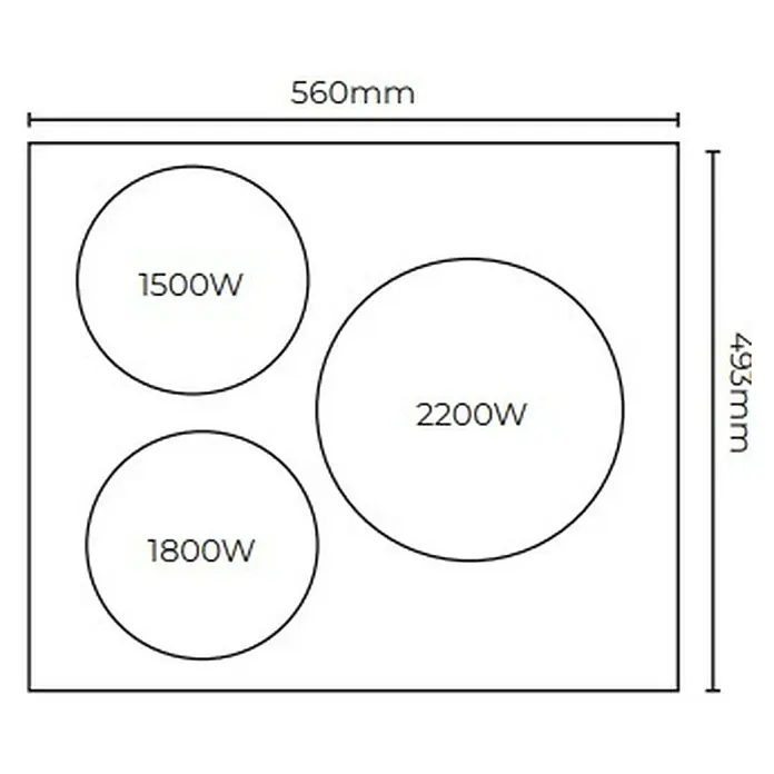 Placa de cocción Cooking surface 3.0 - L x An: 49,3 x 56 cm - Diagrama de una encimera rectangular con tres zonas de cocción (1500W, 1800W, 2200W) y dimensiones 560x493mm.