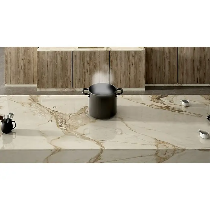 Placa de cocción Cooking surface 3.0 - L x An: 49,3 x 56 cm - Elegante encimera de cocina con superficie de mármol claro y vetas doradas, con olla humeante y placas.