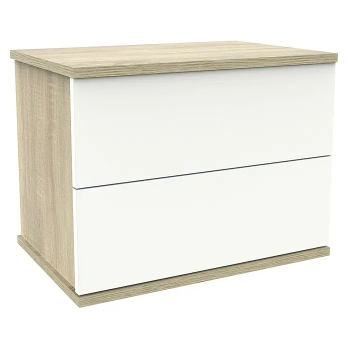 Muebles Pitarch Cabecero de cama con mesitas Erika - Blanco/Roble Cambrian - Mesita de noche con dos cajones, marco de madera clara y frentes de cajón blancos.
