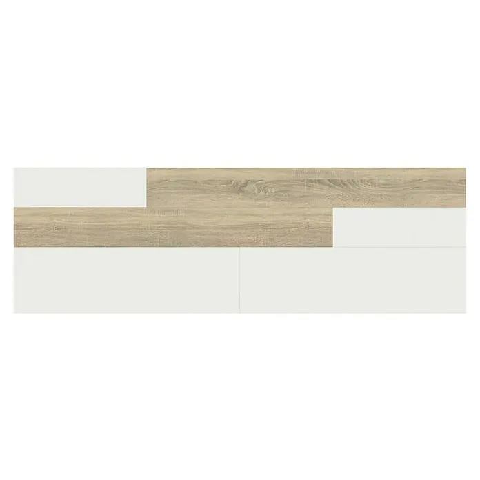 Muebles Pitarch Cabecero de cama con mesitas Erika - Blanco/Roble Cambrian - Patrón de paneles de madera clara y paneles blancos.