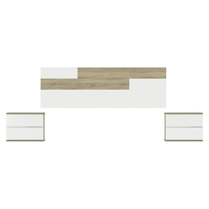 Muebles Pitarch Cabecero de cama con mesitas Erika - Blanco/Roble Cambrian - Cabecero blanco y de madera clara con dos mesitas de noche a juego.