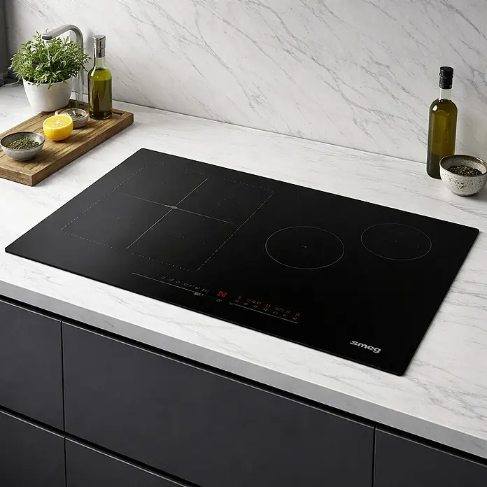 Smeg Placa de cocción SI1M4734D - Número de fogones de inducción: 3 ud. - Placa de inducción de cristal negro con múltiples zonas de cocción y controles digitales rojos, integrada en una encimera de cocina.