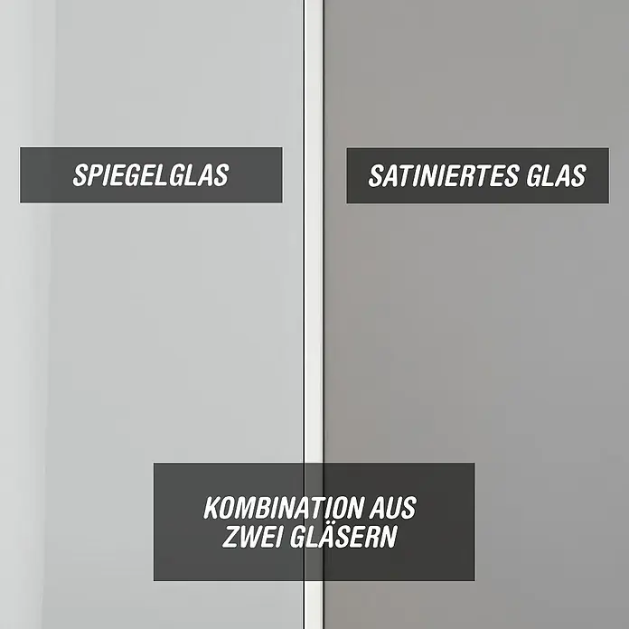 Camargue Meran Mix & Match Duschwand - B x H: 90 x 200 cm, Beschichtet, Silberglanz, B: 570mm Spiegelglas + B: 300mm Satiniertes Glas - Spiegelglas und satiniertes Glas, separat und in Kombination gezeigt.