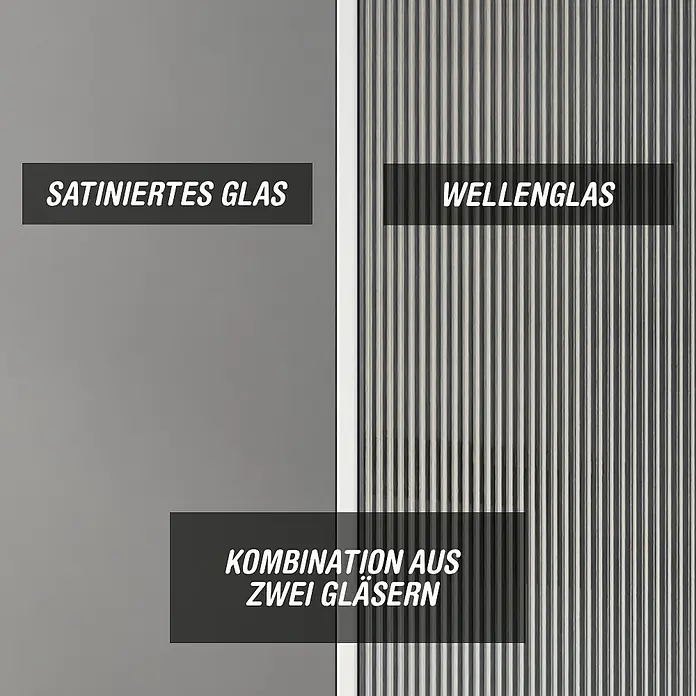 Camargue Meran Mix & Match Duschwand - B x H: 120 x 200 cm, Beschichtet, Silberglanz, B: 970mm Satiniertes Glas + B: 200mm Wellenglas - Satiniertes Glas und Wellenglas-Muster nebeneinander, als Kombination dargestellt.