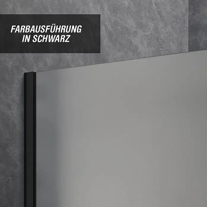 Camargue Meran Mix & Match Duschwand - B x H: 120 x 200 cm, Beschichtet, Schwarz, B: 970mm Satiniertes Glas + B: 200mm Wellenglas - Duschwand mit schwarzem Rahmen und mattiertem Glas, vor gefliester Wand.