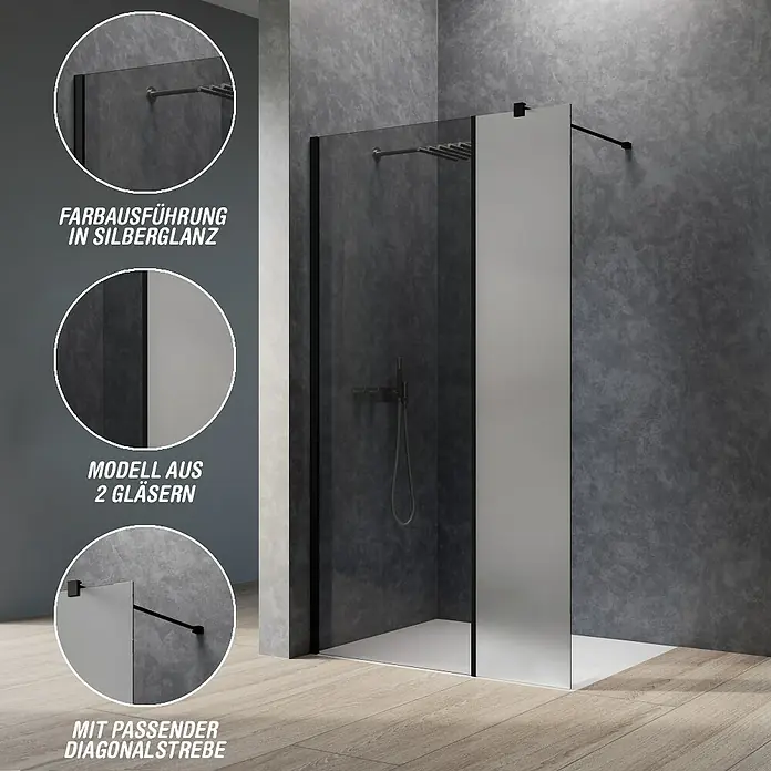 Camargue Meran Mix & Match Duschwand - B x H: 140 x 200 cm, Beschichtet, Schwarz, B: 970mm Grau + B: 400mm Satiniertes Glas - Moderne Walk-in-Dusche mit schwarz gerahmten Klarglas- und Milchglasscheiben, mit schwarzer Diagonalstrebe.