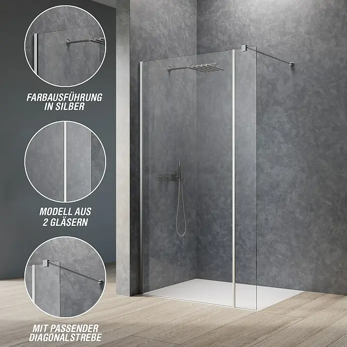 Camargue Meran Mix & Match Duschwand - B x H: 90 x 200 cm, Beschichtet, Silber, Ausführungseigenschaft: B: 570mm Klarglas + B: 300mm Klarglas, Matt - Walk-in Duschabtrennung mit Klarglasscheiben, silberfarbenen Profilen und Diagonalstrebe, in einem modernen Bad.