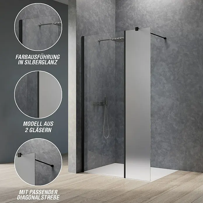 Camargue Meran Mix & Match Duschwand - B x H: 140 x 200 cm, Beschichtet, Schwarz, B: 1170mm Klarglas + B: 200mm Satiniertes Glas - Walk-In Duschabtrennung mit schwarzen Profilen, zwei Glaswänden (klar, silberglänzend) und diagonaler Stabilisierungsstange.