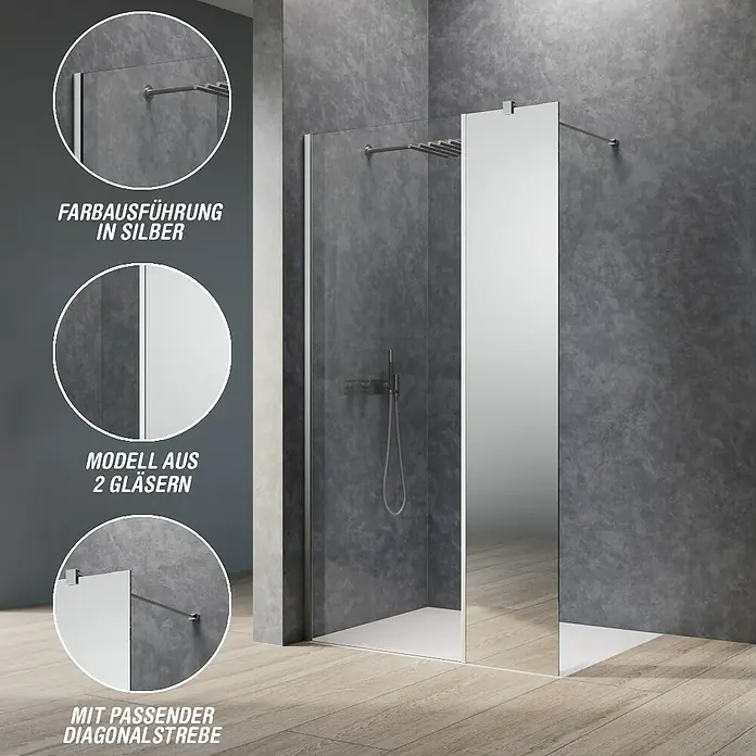 Camargue Meran Mix & Match Duschwand - B x H: 140 x 200 cm, Beschichtet, Silber, B: 1170mm Klarglas + B: 200mm Spiegelglas - Walk-in Duschwand mit Klarglas und Spiegelglas, silbernen Profilen und diagonaler Stützstange.