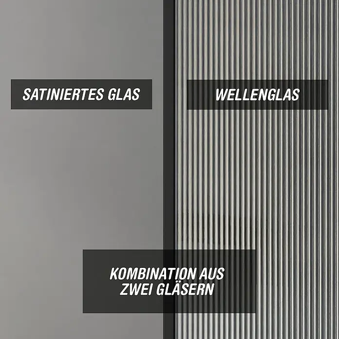 Camargue Meran Mix & Match Duschwand - B x H: 120 x 200 cm, Beschichtet, Schwarz, B: 970mm Satiniertes Glas + B: 200mm Wellenglas - Zwei Glasarten: satiniert und gerillt, separat und kombiniert dargestellt.