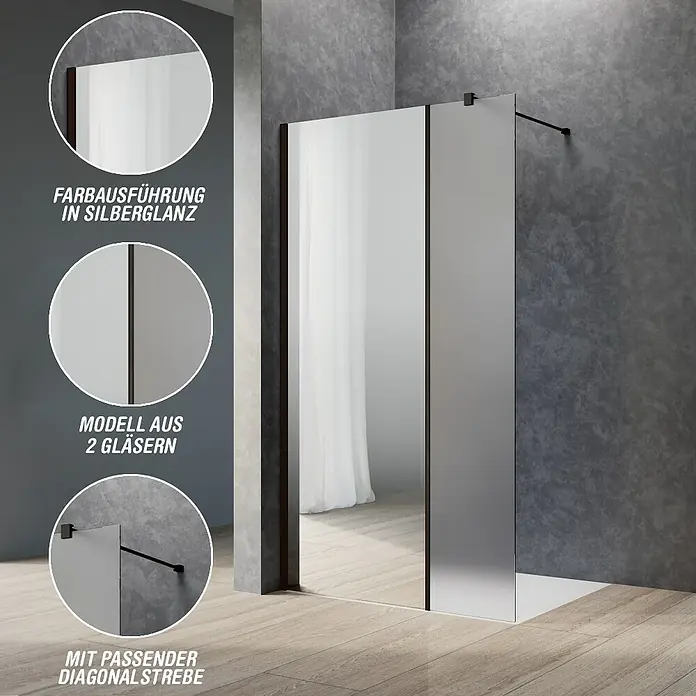 Camargue Meran Mix & Match Duschwand - B x H: 90 x 200 cm, Beschichtet, Schwarz, B: 570mm Spiegelglas + B: 300mm Satiniertes Glas - Zweiteilige Duschwand mit dunklen Profilen und diagonaler Stabilisierungsstange.