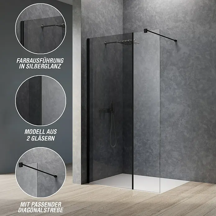 Camargue Meran Mix & Match Duschwand - B x H: 140 x 200 cm, Beschichtet, Schwarz, B: 970mm Grau + B: 400mm Klarglas - Duschabtrennung mit zwei Klarglaspaneelen, schwarzen Profilen und diagonaler Stützstange.