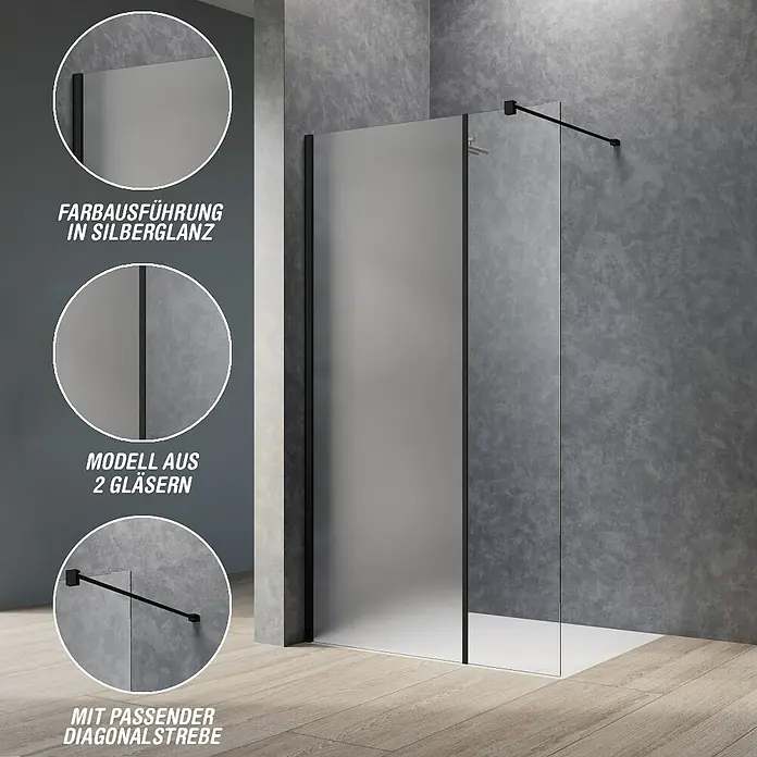 Camargue Meran Mix & Match Duschwand - B x H: 100 x 200 cm, Beschichtet, Schwarz, B: 570mm Satiniertes Glas + B: 400mm Klarglas - Moderne Walk-in-Dusche mit schwarzen Profilen, mattierten und klaren Glaspaneelen und diagonaler Stützstrebe.
