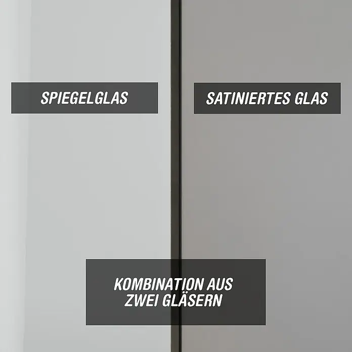 Camargue Meran Mix & Match Duschwand - B x H: 90 x 200 cm, Beschichtet, Schwarz, B: 570mm Spiegelglas + B: 300mm Satiniertes Glas - Vergleich von spiegelndem Spiegelglas, diffusem satiniertem Glas und deren Kombination.