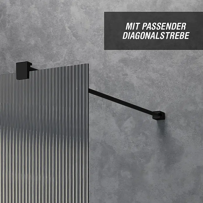 Camargue Meran Mix & Match Duschwand - B x H: 120 x 200 cm, Beschichtet, Schwarz, B: 970mm Satiniertes Glas + B: 200mm Wellenglas - Schwarze Walk-In Duschwand mit Riffelglas und passender Diagonalstrebe.