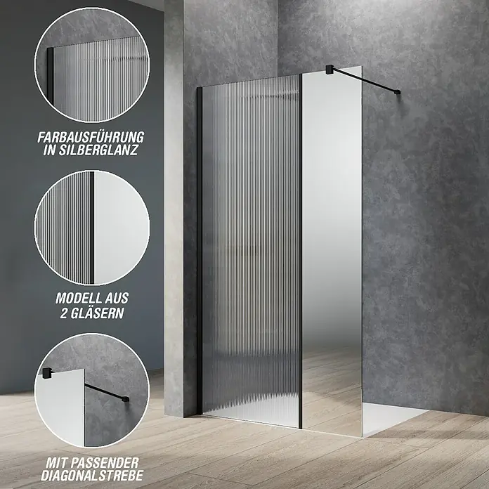 Camargue Meran Mix & Match Duschwand - B x H: 100 x 200 cm, Beschichtet, Schwarz, B: 570mm Wellenglas + B: 400mm Spiegelglas - Moderne Duschabtrennung mit geriffeltem und klarem Glas, schwarzem Rahmen und diagonaler Stützstange.