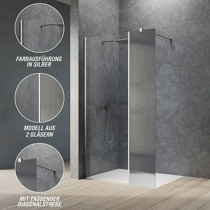 Camargue Meran Mix & Match Duschwand - B x H: 120 x 200 cm, Beschichtet, Silber, B: 970mm Klarglas + B: 200mm Wellenglas - Zweiteilige Walk-in Duschwand mit Klarglas und geriffeltem Glas, silbernen Profilen und einer diagonalen Strebe auf einer weißen Duschwanne.