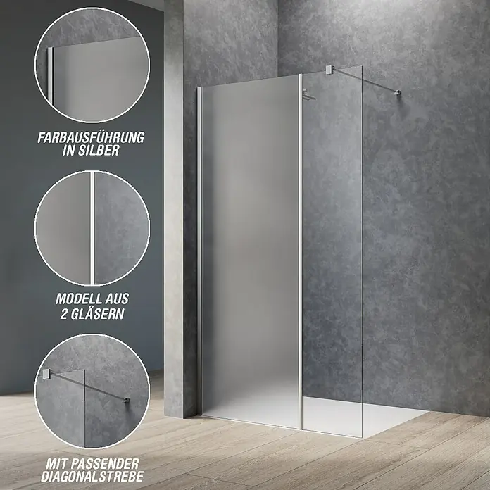 Camargue Meran Mix & Match Duschwand - B x H: 100 x 200 cm, Beschichtet, Silber, B: 570mm Satiniertes Glas + B: 400mm Klarglas - Duschabtrennung aus satiniertem Glas mit zwei Paneelen, silbernen Profilen und einer Diagonalstrebe für Stabilität.