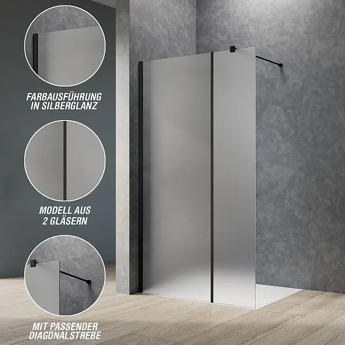 Camargue Meran Mix & Match Duschwand - B x H: 100 x 200 cm, Beschichtet, Schwarz, Ausführungseigenschaft: B: 570mm Satiniertes Glas + B: 400mm Satiniertes Glas, Matt - Walk-in Duschwand mit zwei Milchglasscheiben, schwarzen Profilen und diagonaler Stützstange in einem modernen Bad.