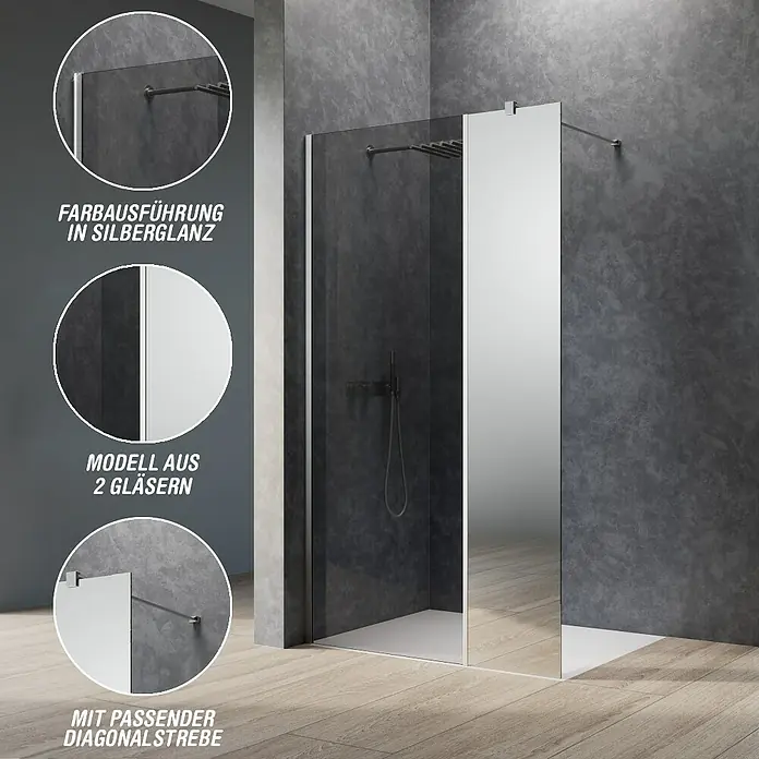 Camargue Meran Mix & Match Duschwand - B x H: 120 x 200 cm, Beschichtet, Silberglanz, B: 970mm Grau + B: 200mm Spiegelglas - Walk-in Duschabtrennung mit klaren und verspiegelten Glasplatten, silberglänzenden Profilen und diagonalem Stabilisator.